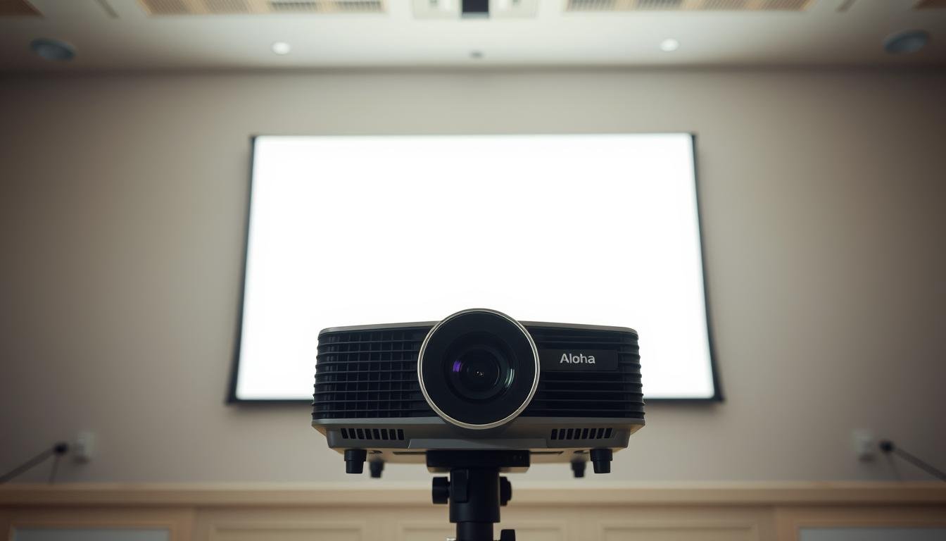 A bright, evenly lit projection of a projection screen, with a Aloha projector in the foreground, focused and projecting a sharp, clear image. The lens is positioned at a precise angle, creating a symmetrical and visually striking projection of the screen. The background is a clean, minimalist setting, allowing the projection to be the central focus. The lighting is natural and diffused, creating a soft, professional atmosphere. The overall composition emphasizes the relationship between the projector, the projection distance, and the resulting image on the screen.