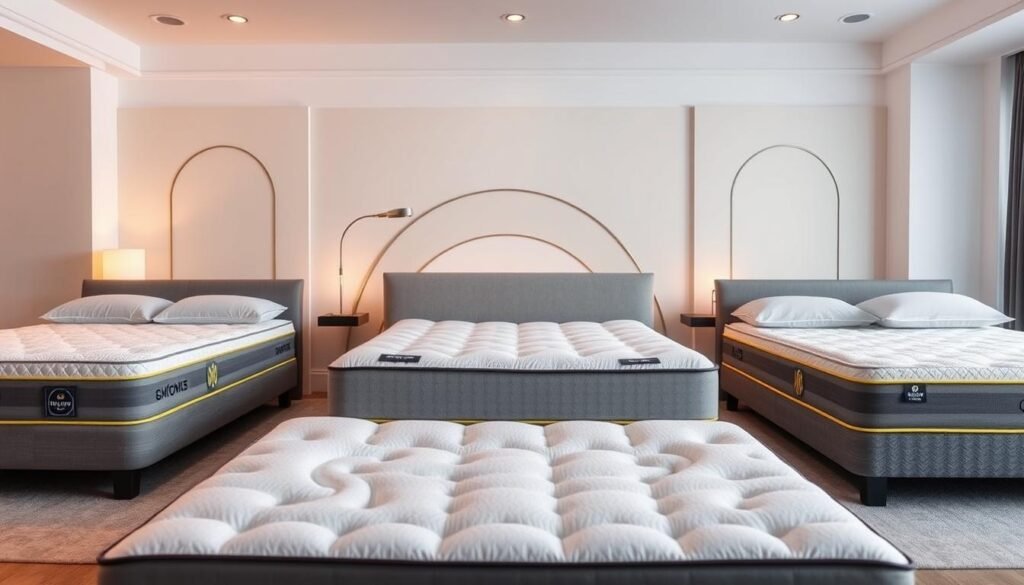 A comparison of different types of ergonomic mattresses, showcasing their features and benefits for improved sleep quality. In the foreground, various mattress types are displayed side-by-side, allowing viewers to visually contrast their designs and materials. The middle ground features a stylized backdrop, perhaps a simplified bedroom setting, to provide context. The lighting is soft and warm, creating a serene, inviting atmosphere. The overall composition is clean and balanced, highlighting the mattresses as the focal point. The image is captured with a wide-angle lens to encompass the full scene. StylesMaven A comparison of different types of ergonomic mattresses, showcasing their features and benefits for improved sleep quality. In the foreground, various mattress types are displayed side-by-side, allowing viewers to visually contrast their designs and materials. The middle ground features a stylized backdrop, perhaps a simplified bedroom setting, to provide context. The lighting is soft and warm, creating a serene, inviting atmosphere. The overall composition is clean and balanced, highlighting the mattresses as the focal point. The image is captured with a wide-angle lens to encompass the full scene. StylesMaven