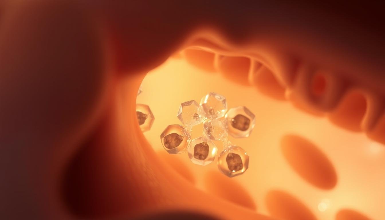 A delicate cross-section of the inner ear, revealing the intricate arrangement of the otoliths. The crystalline structures, suspended in a viscous fluid, are seen to have shifted from their intended positions, causing a disruption in the body's balance and equilibrium. Soft, diffused lighting illuminates the scene, casting gentle shadows that accentuate the contours and textures of the displaced otoliths. The image conveys a sense of fragility and the need for careful medical intervention to restore the proper alignment and function of this sensitive system.