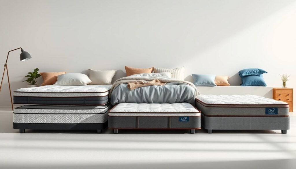A still life composition showcasing a variety of independent pocket spring mattresses in different styles and materials. The mattresses are arranged neatly in the foreground, with clean lighting highlighting their intricate designs and construction. In the middle ground, various bedding accessories like pillows and sheets in complementary colors and textures create a cozy, inviting atmosphere. The background features a minimal, modern studio setting with clean lines and neutral tones, allowing the mattresses to be the central focus. The overall mood is one of sophistication and attention to detail. Captured by StylesMaven using a high-resolution, professional camera setup.