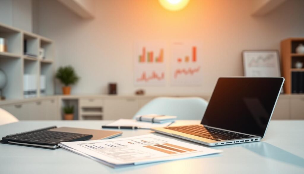 A clean, professional-looking office setting with a laptop, documents, and financial charts on a desk. The lighting is warm and inviting, casting a soft glow over the scene. In the background, subtle visual cues hint at the challenges of online lending, such as data security, risk assessment, and regulatory compliance. The overall atmosphere conveys a sense of careful deliberation and measured decision-making, reflecting the "risk management strategies" theme. The composition is balanced and visually appealing, drawing the viewer's attention to the key elements of the online lending process.