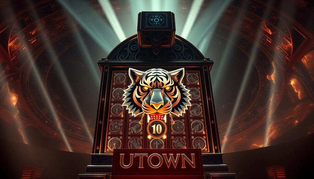 A colossal slot machine emblazoned with the iconic hammer of the Norse god Thor, standing tall against a backdrop of swirling cosmic energy. The intricate design features a menacing tiger's head as the central motif, its eyes gleaming with an otherworldly power. Shafts of light pierce through the darkness, casting dramatic shadows across the gleaming metal and glass surfaces. The overall atmosphere is one of awe-inspiring grandeur, hinting at the immense power and mystique of the &quot;UTown&quot; brand.