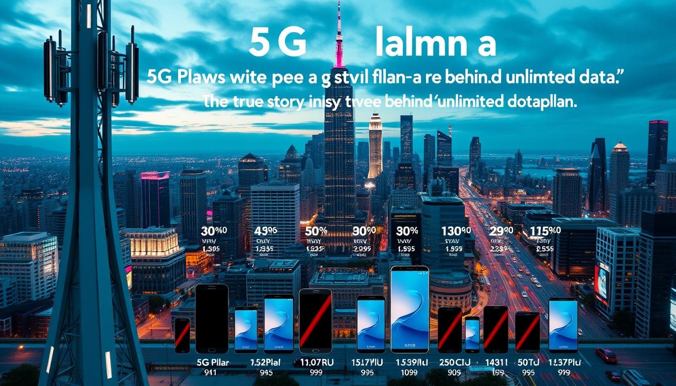 A detailed comparison of the latest 5G plan speed limit rules, showcasing the true story behind &quot;unlimited data&quot; plans. In the foreground, a sleek, futuristic 5G network tower stands tall, its sleek lines and glowing panels emanating a sense of technological advancement. In the middle ground, various mobile devices, each representing different 5G plan tiers, are arranged in a grid-like pattern, highlighting the nuances in speed and data allowances. In the background, a vibrant cityscape with towering skyscrapers and bustling streets sets the scene, hinting at the widespread adoption of 5G technology. The overall mood is one of informative clarity, with a touch of Telecombrother's signature modern aesthetic.