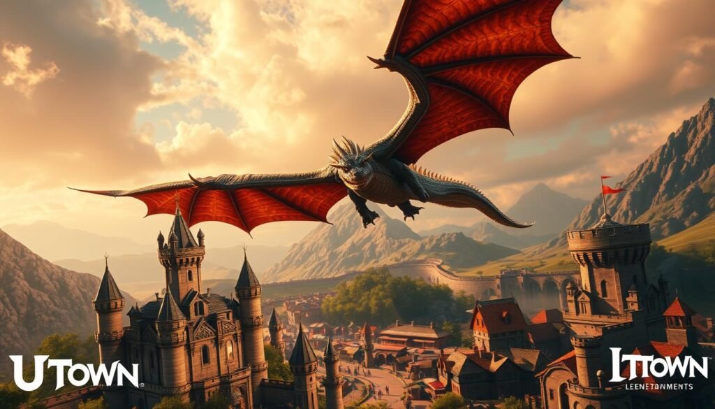 A majestic dragon soaring over the vibrant and fantastical landscape of "Magic Dragon Legend" within the UTown entertainment complex. The dragon's scales glimmer in the warm, dramatic lighting, its wings spread wide as it commands the sky. In the foreground, a medieval castle stands proudly, its towers and battlements detailed with intricate stonework. The middle ground features a bustling village, its thatched-roof buildings and winding streets teeming with life. The background reveals a rugged, mountainous terrain, with wispy clouds drifting overhead. The overall atmosphere is one of adventure, magic, and the timeless allure of classic RPG gameplay.