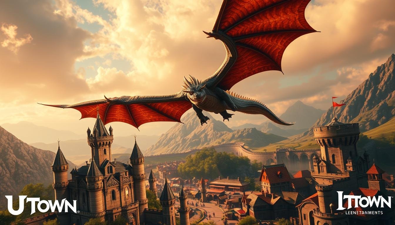 A majestic dragon soaring over the vibrant and fantastical landscape of "Magic Dragon Legend" within the UTown entertainment complex. The dragon's scales glimmer in the warm, dramatic lighting, its wings spread wide as it commands the sky. In the foreground, a medieval castle stands proudly, its towers and battlements detailed with intricate stonework. The middle ground features a bustling village, its thatched-roof buildings and winding streets teeming with life. The background reveals a rugged, mountainous terrain, with wispy clouds drifting overhead. The overall atmosphere is one of adventure, magic, and the timeless allure of classic RPG gameplay.