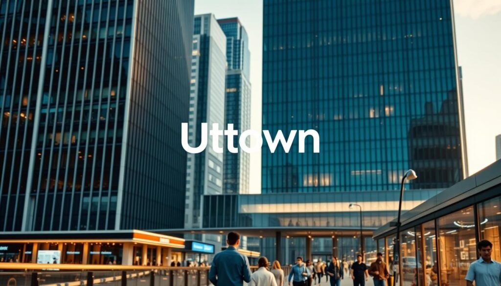A modern, sleek cityscape with the UTown brand prominently featured. The scene showcases a towering skyscraper with clean lines and glass facades, reflecting the sky and surrounding buildings. In the foreground, pedestrians stroll along a bustling sidewalk, conveying a sense of vibrancy and activity. Soft, warm lighting illuminates the scene, creating an inviting and trustworthy atmosphere. The overall composition highlights the reliability and stability of the UTown platform, positioning it as a dependable choice for investors and traders.