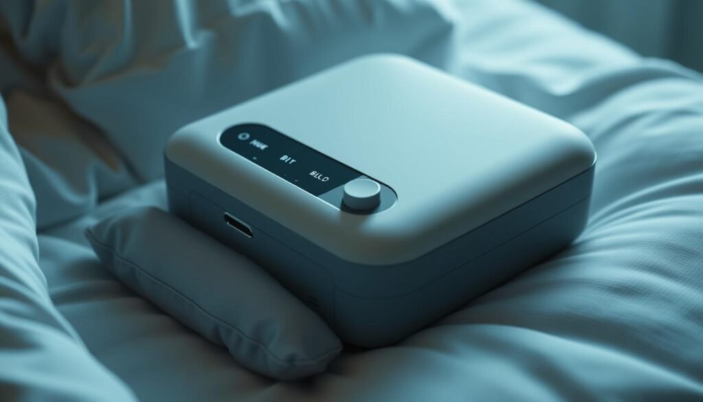 A sleek and minimalist design of the iCareCPAP sleep apnea machine with a discreet and silent vibration control system. The device is rendered in soft, muted tones, resting atop a plush, textured cushion that dampens any potential noise. The vibration controls are elegantly integrated into the device's surface, allowing for precise adjustments without disrupting the serene, therapeutic atmosphere. Subtle lighting highlights the machine's clean lines and high-quality materials, creating a sense of sophistication and advanced sleep technology. The overall composition emphasizes the device's unobtrusive presence, seamlessly blending into a calming, sleep-inducing environment. A sleek and minimalist design of the iCareCPAP sleep apnea machine with a discreet and silent vibration control system. The device is rendered in soft, muted tones, resting atop a plush, textured cushion that dampens any potential noise. The vibration controls are elegantly integrated into the device's surface, allowing for precise adjustments without disrupting the serene, therapeutic atmosphere. Subtle lighting highlights the machine's clean lines and high-quality materials, creating a sense of sophistication and advanced sleep technology. The overall composition emphasizes the device's unobtrusive presence, seamlessly blending into a calming, sleep-inducing environment.
