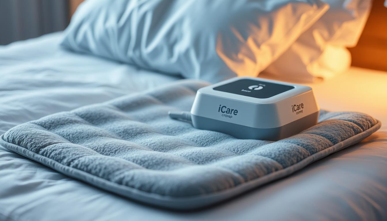 A soft, plush sleep apnea machine pad in a calming gray color, featuring the iCareCPAP brand logo. The pad is designed with advanced noise-dampening technology, gently cradling the machine to reduce vibrations and create a peaceful, tranquil sleeping environment. Subtle textures and a low-profile design blend seamlessly into the bedroom decor. Soft, diffused lighting illuminates the pad, creating a soothing ambiance. The scene is captured from a low angle, emphasizing the pad's comforting presence. An aura of quiet relaxation and restorative sleep pervades the image.