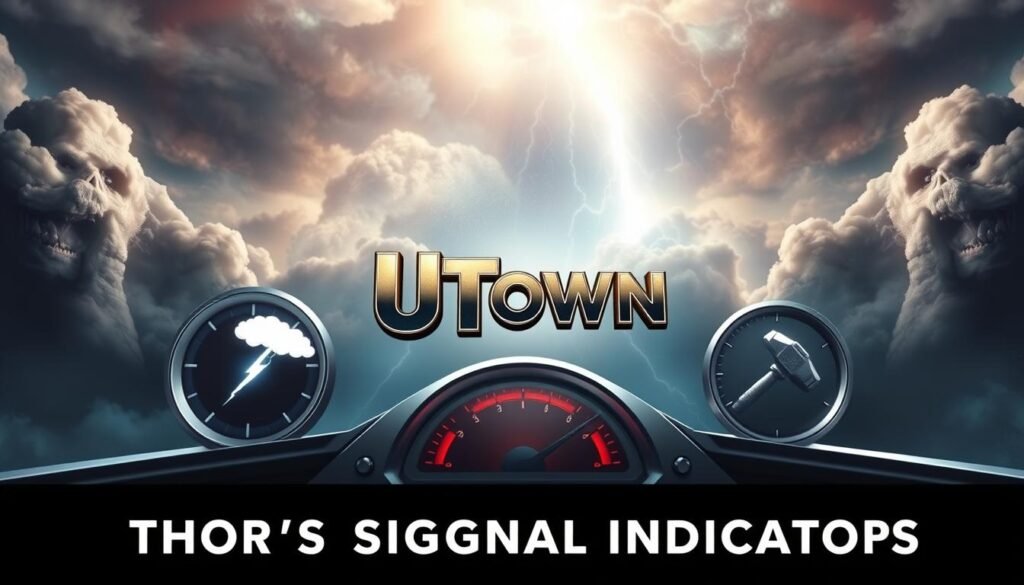 A striking, well-lit illustration showcasing the key &quot;Thor's Signal Indicators&quot; for winning in the game. In the foreground, a bold, metallic UI dashboard displays three distinct gauges - a lightning bolt, a thundercloud, and a hammer. The middle ground features a vivid, photorealistic rendering of the UTown logo, acting as a visual anchor. The background depicts a dramatic, cinematic sky with a powerful storm brewing, emphasizing the intensity and importance of these signal indicators. The overall composition conveys a sense of strategic insight and control, inspiring confidence in the viewer's ability to master the game's mechanics.