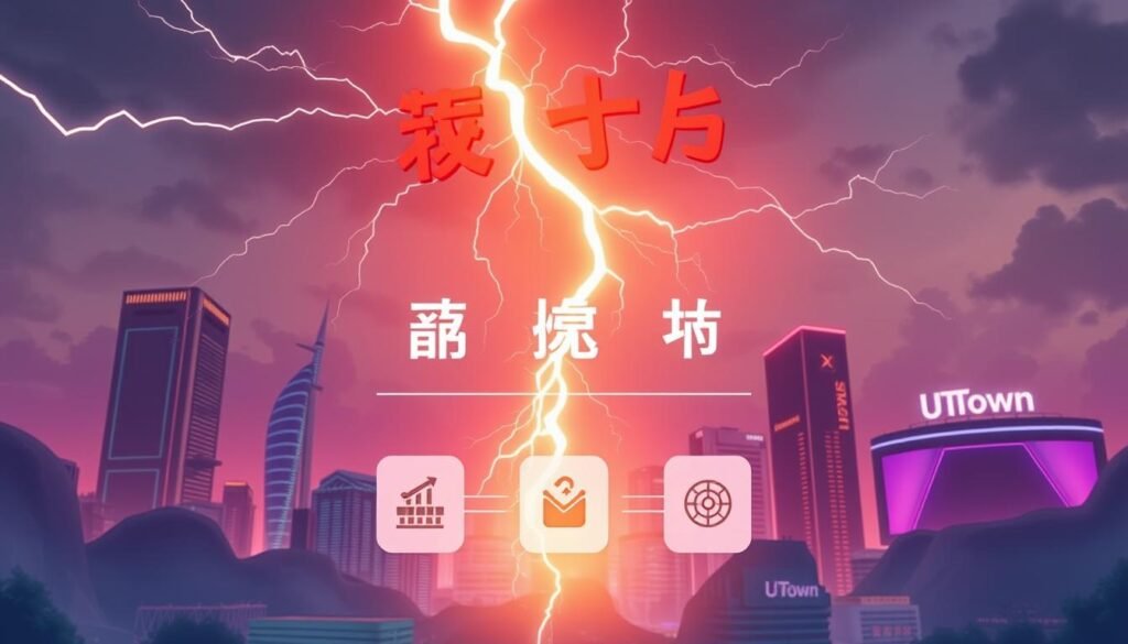 A vibrant and dynamic illustration depicting the &amp;quot;雷神訊號&amp;quot; concept. The foreground showcases a powerful lightning bolt emanating from the sky, its electric tendrils crackling with energy. In the middle ground, a series of three key indicators or metrics are displayed, represented by simple, iconic symbols. The background features a sleek, modern cityscape with the UTown brand prominently featured, conveying a sense of urban sophistication. The overall mood is one of authority, technological prowess, and ease of understanding, reflecting the section title's emphasis on a &amp;quot;lazy person's guide&amp;quot; to interpreting the &amp;quot;雷神訊號&amp;quot;. The lighting is dramatic, with the lightning bolt casting a dramatic, cinematic glow across the scene. The composition is balanced and visually striking, drawing the viewer's attention to the key elements.