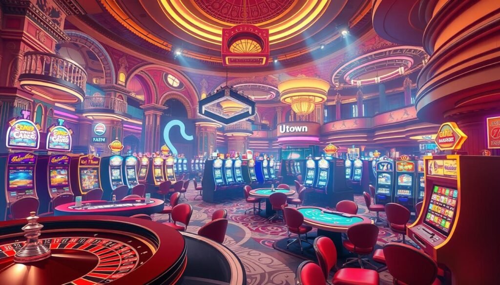 A visually captivating illustration of the popular games offered at UTown Entertainment City. A vibrant, dynamic scene showcasing a diverse array of classic casino games, including roulette, blackjack, and slot machines, all bathed in a warm, inviting glow. The foreground features the detailed, realistic renderings of these gaming tables and machines, enticing the viewer to imagine themselves immersed in the thrilling atmosphere. The middle ground showcases the grandeur of the casino's interior, with intricate architectural details and luxurious furnishings, creating a sense of opulence and excitement. The background subtly hints at the larger entertainment complex, with glimpses of other attractions and amenities, suggesting the breadth of experiences available at UTown. The overall composition and lighting evoke a sense of energy, anticipation, and the promise of an unforgettable gaming adventure. A visually captivating illustration of the popular games offered at UTown Entertainment City. A vibrant, dynamic scene showcasing a diverse array of classic casino games, including roulette, blackjack, and slot machines, all bathed in a warm, inviting glow. The foreground features the detailed, realistic renderings of these gaming tables and machines, enticing the viewer to imagine themselves immersed in the thrilling atmosphere. The middle ground showcases the grandeur of the casino's interior, with intricate architectural details and luxurious furnishings, creating a sense of opulence and excitement. The background subtly hints at the larger entertainment complex, with glimpses of other attractions and amenities, suggesting the breadth of experiences available at UTown. The overall composition and lighting evoke a sense of energy, anticipation, and the promise of an unforgettable gaming adventure.