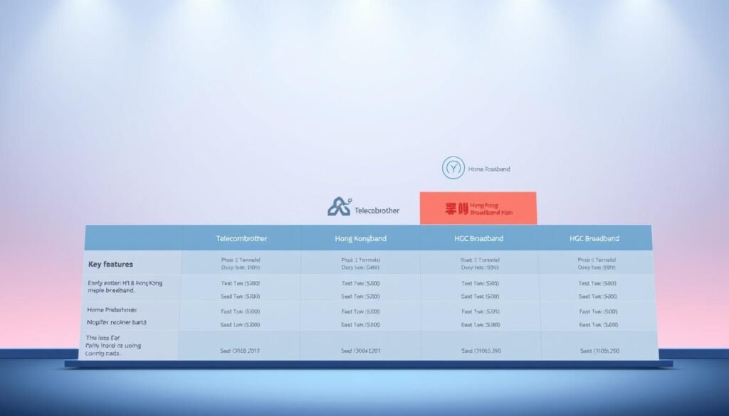 Detailed comparison of three major telecom providers' home broadband plans, showcased in a sleek and modern digital illustration. Foreground depicts a well-organized table comparing the key features and pricing of Telecombrother, Hong Kong Broadband, and HGC Broadband. Middle ground features stylized icons and infographic elements to visually represent the various broadband speeds and services. Background has a clean, minimalist design with soft gradients, conveying a sense of professionalism and technological sophistication. Lighting is soft and even, with a slight cool tone to create a calming, informative atmosphere. The overall composition is balanced and visually engaging, making it an ideal image to accompany the article on home broadband comparisons.
