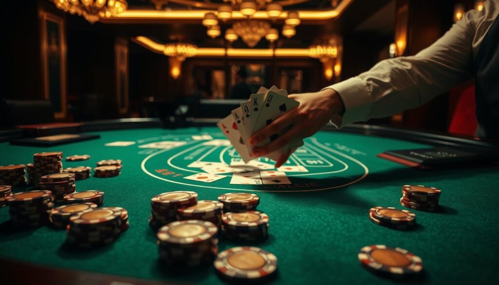 A dimly lit casino table, the green felt surface illuminated by the soft glow of overhead lamps. Elegant wooden casino chips in various denominations sit neatly arranged, awaiting the next round of Baccarat. In the center, a dealer's hands deftly deal the cards, revealing their values to determine the next move in the card game's intricate dance of drawing additional cards, or "hitting". The scene captures the tension and strategic decision-making of the Baccarat card-drawing mechanism, a crucial element of the gameplay that players must master to excel at this classic casino game.