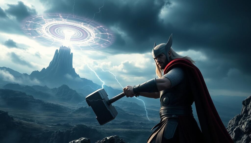 A dramatic and cinematic scene depicting the core techniques of wielding Thor's legendary hammer, Mjolnir. Set against a moody, storm-swept backdrop, the image showcases a powerful figure in the foreground, clad in a UTown-branded Norse warrior costume, gripping the mystical hammer with determination. Subtle lightning crackles around the hammer, hinting at the character's mastery of its primal elemental powers. The middle ground features a sprawling, rugged landscape with craggy rock formations and swirling clouds, creating a sense of epic scale. In the background, a towering vortex of energy pulses with arcane energies, symbolizing the deeper mysteries of this legendary weapon.