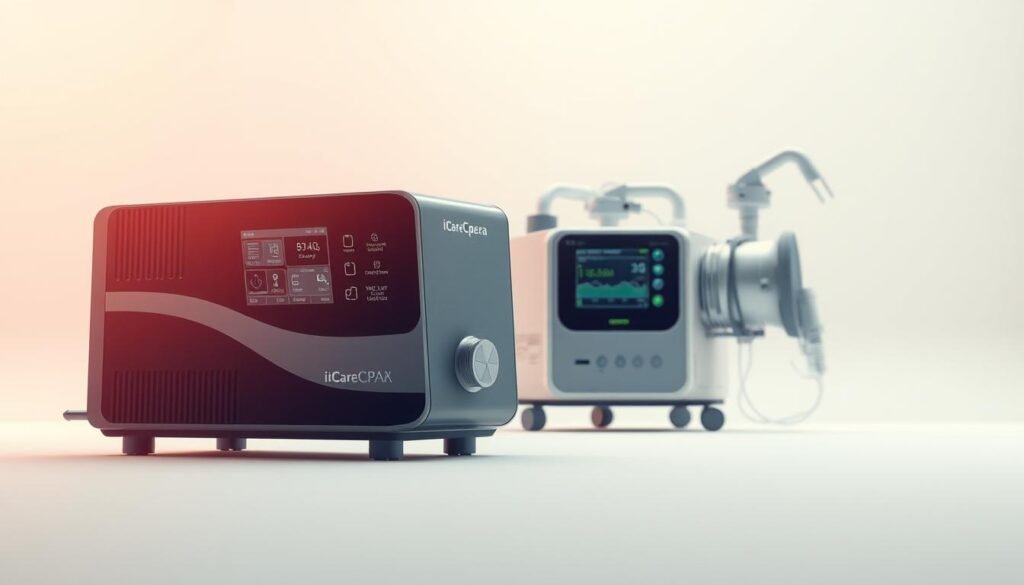 A highly detailed and technically accurate medical illustration of a sleep apnea machine and a ventilator, captured under soft, directional lighting against a clean, minimalist background. The sleep apnea machine, labeled "iCareCPAP", should be prominently featured in the foreground, showcasing its sleek, modern design with precise attention to technical details. The ventilator should be positioned in the middle ground, complementing the scene with its distinct silhouette and supporting elements. The overall mood should convey a sense of clinical precision, innovation, and medical professionalism, suitable for a technical article on the distribution of these devices in the Hong Kong public healthcare system.