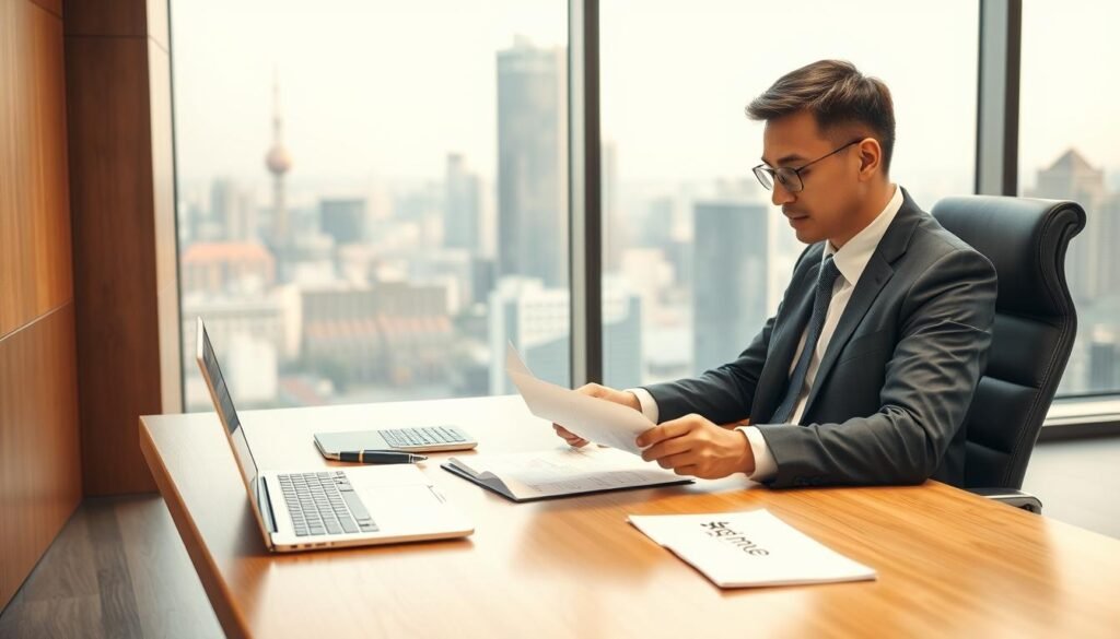 A modern, minimalist office setting with a well-dressed business person sitting at a sleek wooden desk, thoughtfully reviewing documents and financial statements. The lighting is soft and warm, creating a tranquil atmosphere. On the desk, a laptop, a pen, and a folder labeled "民間貸款推薦" are neatly arranged, hinting at the subject matter. In the background, a large window overlooking a bustling city skyline, symbolizing the connection between personal finance and the broader economic landscape. The overall scene conveys a sense of professionalism, diligence, and the careful consideration of financial options.