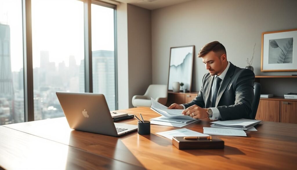 A sleek and modern office interior, bathed in warm, natural lighting. In the foreground, a well-dressed professional sits at a minimalist wooden desk, intently studying documents and financial statements. On the desk, a laptop, a pen, and a tasteful desk organizer create a sense of organized efficiency. The middle ground features a large window overlooking a bustling city skyline, adding depth and a sense of urban vibrancy. The background showcases stylish, muted-tone decor, including a modern art piece and tasteful shelving, conveying a professional, yet welcoming atmosphere. The overall scene evokes a sense of trust, expertise, and the reliable guidance one would expect from a reputable provider of private loan recommendations.