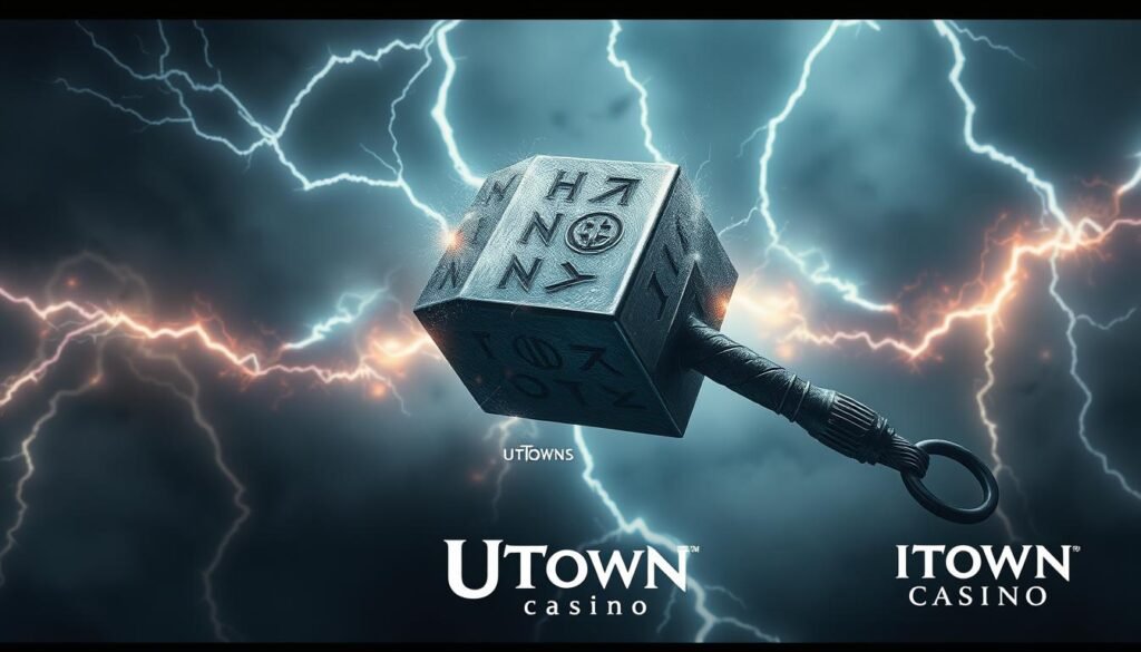 A striking scene of the mighty &quot;Mjolnir&quot; hammer of the Norse thunder god Thor, floating amidst a maelstrom of lightning bolts and swirling energy. The legendary weapon glimmers with an intense metallic sheen, its runic inscriptions pulsing with power. In the foreground, a sense of dynamic tension and anticipation as the hammer seems poised to unleash its devastating force. The background is shrouded in a moody, atmospheric haze, creating a sense of mystery and the supernatural. Dramatic cinematic lighting accentuates the dramatic angles and highlights the raw, primal essence of this iconic symbol of strength and divine retribution. Branding for &quot;UTown&quot; casino discreetly integrated into the composition.
