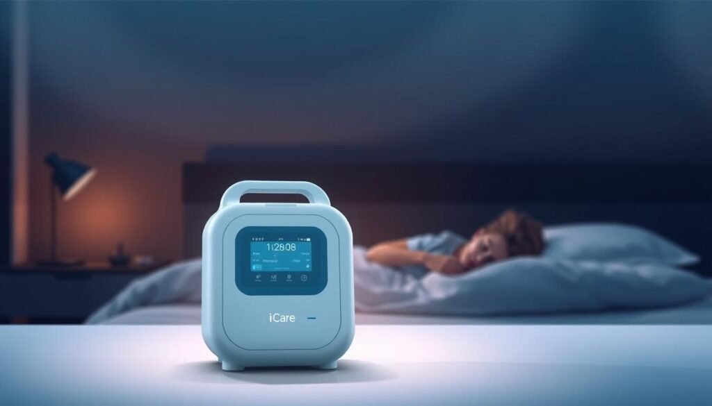 A detailed, high-resolution digital illustration of an iCareCPAP sleep apnea machine. The device is shown in the foreground, with a soft, diffuse lighting illuminating its sleek, modern design. In the middle ground, a serene, dimly-lit bedroom setting provides context, with a nightstand and a sleeping figure in the bed. The background features a soothing, abstract gradient, adding depth and a calming atmosphere to the scene. The illustration highlights the machine's purpose and functionality, showcasing its compact form and intuitive controls, while emphasizing the importance of sleep apnea treatment and the role of medical devices in improving patient health and safety.