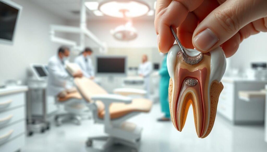 A detailed illustration of root canal therapy, showcasing a dentist's hand delicately holding dental instruments near a human tooth with visible root structure. In the foreground, focus on the tooth in an enlarged scale, highlighting the root canal system filled with filling material. In the middle ground, include a dental chair and a clinical background with dental equipment, creating a sterile environment. The background should subtly depict dental assistants and patients in a well-lit dental clinic. Soft, clinical lighting enhances the sterile atmosphere, providing an educational and professional mood. Use a macro lens effect to emphasize the intricate details of the tooth anatomy, while maintaining the image's clarity and focus. No text, signatures, or watermarks.
