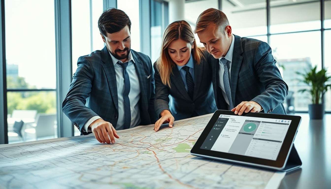 A detailed overview of a patrol route planning and safety management system. In the foreground, a professional team of two individuals, dressed in business attire, examines a large map of the patrol routes, with one pointing out specific areas. In the middle ground, various digital devices, such as a tablet displaying real-time data and route analytics, are visible, emphasizing the technological aspect of the planning process. The background features an office environment with large windows allowing natural light to flood in, creating an atmosphere of focus and collaboration. The overall mood is constructive and dynamic, illustrating the importance of effective route design in security management practices. The lighting is bright and balanced, capturing the sense of an active and organized workspace.