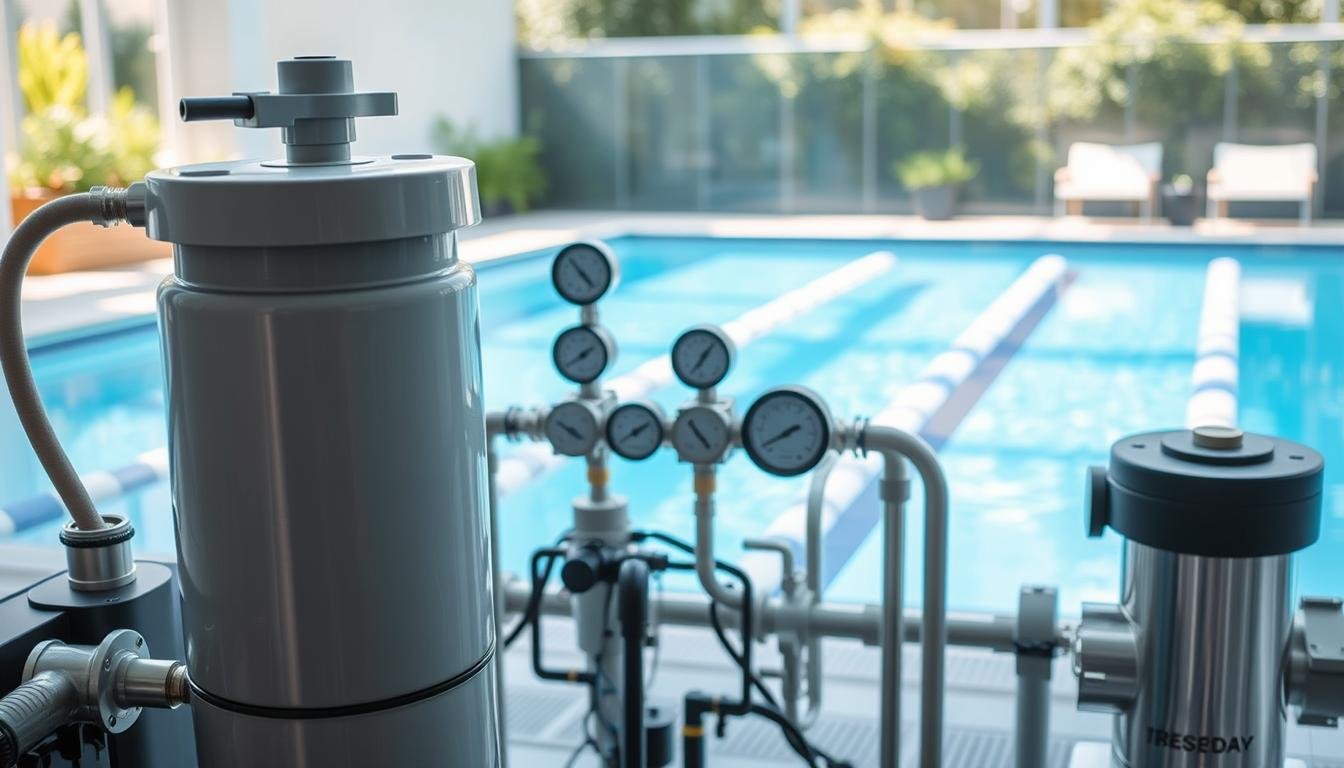 A modern swimming pool water quality circulation system, showcasing advanced filtration and sanitation equipment. In the foreground, a sleek, high-tech filtration unit with clearly visible valves and hoses. In the middle ground, an intricate network of piping, seamlessly connected to a series of gauges that monitor water quality. In the background, a pristine swimming pool glistening under bright, natural sunlight, surrounded by lush greenery. The scene is angled slightly from above to capture both the equipment and the inviting pool. Soft, diffused lighting adds a warm atmosphere, conveying a sense of cleanliness and health. The overall mood reflects professionalism and technical precision, emphasizing the importance of water quality management in swimming facilities.
