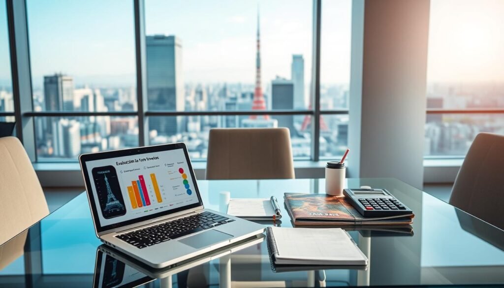 A professional and modern office setting showcasing a digital workspace focused on evaluating eSIM options for travelers in Japan. In the foreground, a sleek laptop displaying a colorful chart comparing various eSIM providers, with a smartphone showing connectivity icons. In the middle ground, a glass table with notepads, a calculator, and a travel guide to Japan, emphasizing the theme of travel and technology. The background features a large window with a cityscape view of Tokyo, creating a vibrant atmosphere. Soft, natural lighting pours in, highlighting the workspace and creating a sense of optimism and clarity in decision-making. The overall mood is informative yet approachable, perfect for an article about eSIM considerations for travelers.