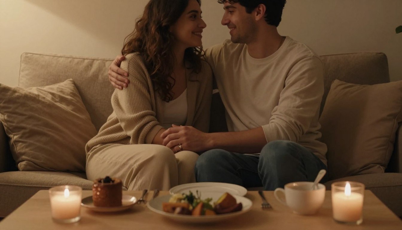 A cozy and intimate setting featuring a couple, both dressed in modest casual clothing, seated comfortably on a plush sofa. The foreground shows a beautifully arranged table with tasteful, elegant intimate items that symbolize connection and togetherness—soft, textured fabrics in warm colors enhance the feelings of comfort. The middle ground includes the couple smiling at each other, their body language expressing warmth and affection, with gentle touches connecting them. The background features warm, ambient lighting with soft shadows, creating a romantic atmosphere reminiscent of a serene evening. The overall mood is inviting and tender, capturing the essence of emotional intimacy and connection, shot in a cinematic style, 4:3 aspect ratio.
