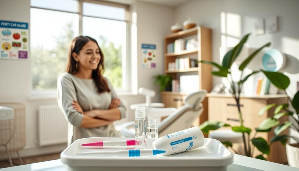 A serene dental clinic setting showcasing a young professional in modest casual attire, attentively reviewing a dental care plan. In the foreground, a well-organized dental tray with essential oral care products: toothbrush, floss, and whitening gel, symbolizing long-term maintenance after braces. The middle ground features a bright, modern dental chair and colorful educational posters about oral hygiene on the walls. Soft, natural lighting pours in through large windows, casting a warm glow across the room to create a comforting atmosphere. The background includes shelves lined with dental health books and a leafy plant, emphasizing a holistic approach to oral care. The overall mood is calm and informative, reflecting the importance of sustained dental care post-braces.