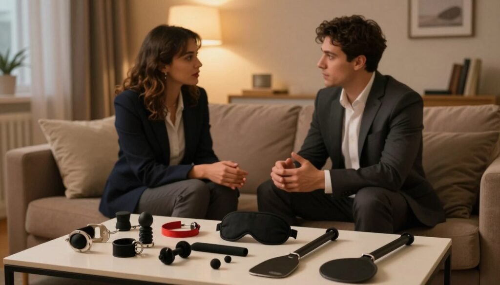 A well-organized scene depicting safe usage of BDSM toys, featuring a cozy, intimate environment with warm lighting. In the foreground, a neatly arranged display of various BDSM accessories like cuffs, a blindfold, and a paddle on a minimalist table. The middle ground includes a couple in professional business attire, engaged in a conversation about safety, demonstrating their openness and commitment to mutual consent. Soft, cinematic lighting creates a romantic ambiance, with a warm color palette that emphasizes trust and comfort. In the background, a tastefully decorated room with plush furnishings, enhancing the atmosphere of safety and intimacy. The composition balances the focus on the toys and the couple’s communication, emphasizing the importance of safe practices while maintaining a respectful and professional tone.