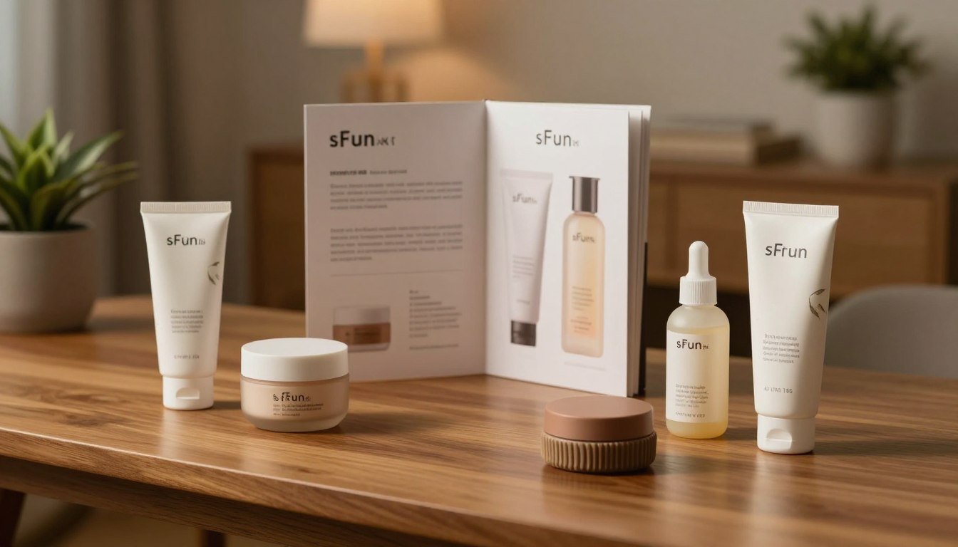 An elegant display of various high-quality personal care products recommended by sFun HK, arranged on a sleek wooden table. In the foreground, focus on a few intricately designed items, emphasizing their unique textures and colors, with soft, ambient lighting highlighting their contours. In the middle ground, include a stylish brochure showcasing the features and benefits of these products, slightly fanned out to add depth. The background should feature subtle home decor, like potted plants and warm lighting that creates a cozy, inviting atmosphere. The overall mood is intimate and luxurious, evoking a sense of discovery and appreciation for design crafted for personal pleasure. The image should maintain a 4:3 aspect ratio, ensuring all elements are beautifully balanced without text or logos.
