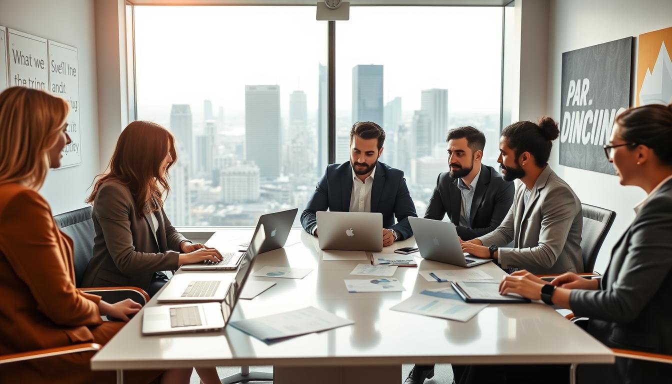 A modern office environment depicting a team of diverse professionals engaged in a brainstorming session about business registration and startup support services. In the foreground, two women and one man in smart business attire are gathered around a sleek conference table covered with laptops, documents, and charts, symbolizing collaboration and strategic planning. In the middle ground, a large window offers a glimpse of a bustling city skyline, highlighting an urban landscape that represents entrepreneurship. Soft, natural lighting enhances the atmosphere, while a warm color palette conveys a sense of innovation and flexibility. The background includes motivational artwork on the walls, emphasizing a dynamic corporate culture, all set in a clean, modern workspace that embodies the advantages of flexible business operations.