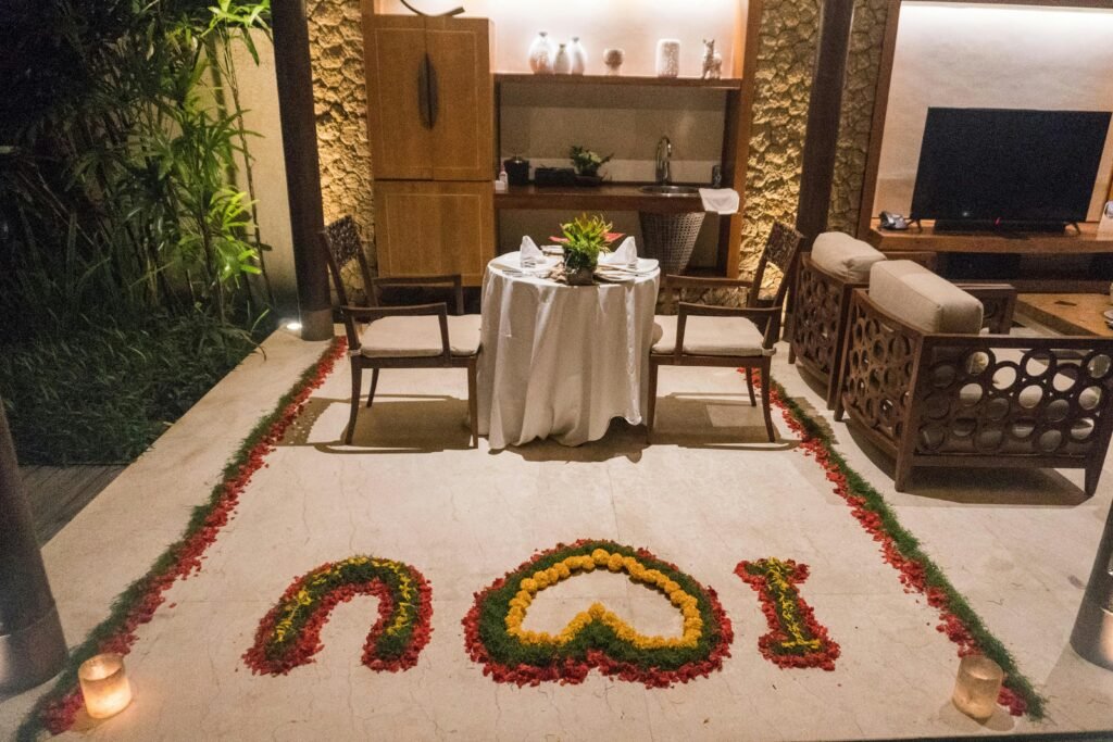 A table with a white table cloth on it