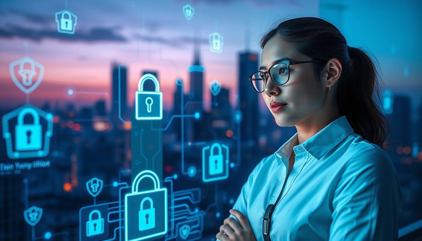 A modern and sleek representation of "3A" showcasing its advanced privacy protection technology. In the foreground, display a professional businessperson in modest attire, thoughtfully interacting with a digital interface filled with glowing data streams and lock icons symbolizing privacy. In the middle ground, include abstract representations of cybersecurity, like shield symbols and circuit patterns, blending seamlessly into the scene. The background features a futuristic city skyline at twilight, with soft blue and purple lighting highlighting the tech theme. Use a wide-angle lens to capture depth, creating a sense of trust and security. The overall mood should be reassuring and innovative, illustrating the commitment to player rights and information privacy in a vibrant and engaging atmosphere.