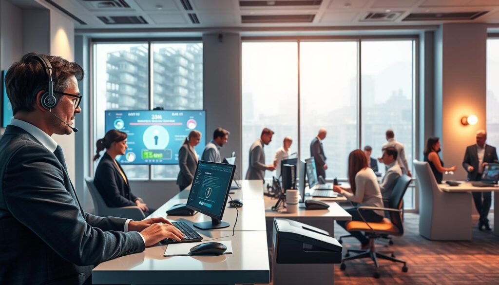A serene and professional digital office setting portraying the essence of "3A" online casino player rights protection measures. In the foreground, an attentive customer service agent in smart attire is assisting an engaged player at a sleek, modern desk equipped with high-tech devices and monitors displaying secure gaming information. In the middle ground, diverse players from various backgrounds are interacting with user-friendly interfaces, showcasing trust and transparency in gaming. The background features large windows that allow natural light to flood the room, symbolizing openness and integrity, while soft ambient lighting creates a warm, reassuring atmosphere. The entire scene emphasizes safety, professionalism, and the commitment to player rights and confidentiality, reflecting the dedication of "3A" to uphold its members' interests.