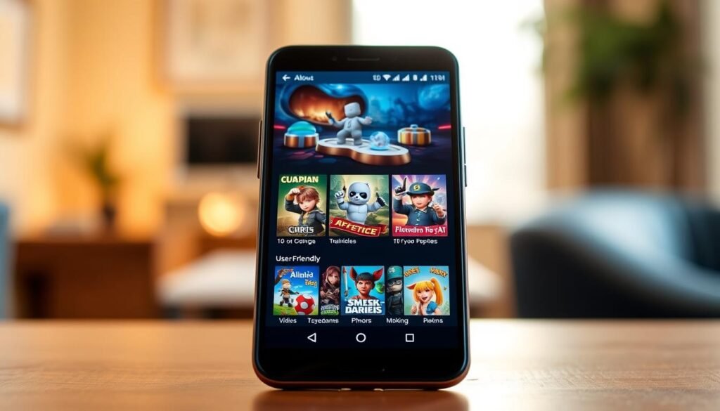 A sleek, modern mobile device displaying the user interface of the "3A Entertainment" app. In the foreground, the app's vibrant home screen is prominently featured, showcasing a variety of game icons, promotional banners, and an interactive user-friendly menu. The middle layer includes subtle reflections on the screen, enhancing realism. The background shows a softly blurred indoor environment, with warm lighting creating an inviting atmosphere. The image is shot from a slight angle to emphasize the device's sleek design, accompanied by gentle shadows to add depth. The overall mood is professional yet engaging, aimed at attracting users to download and explore the app efficiently.