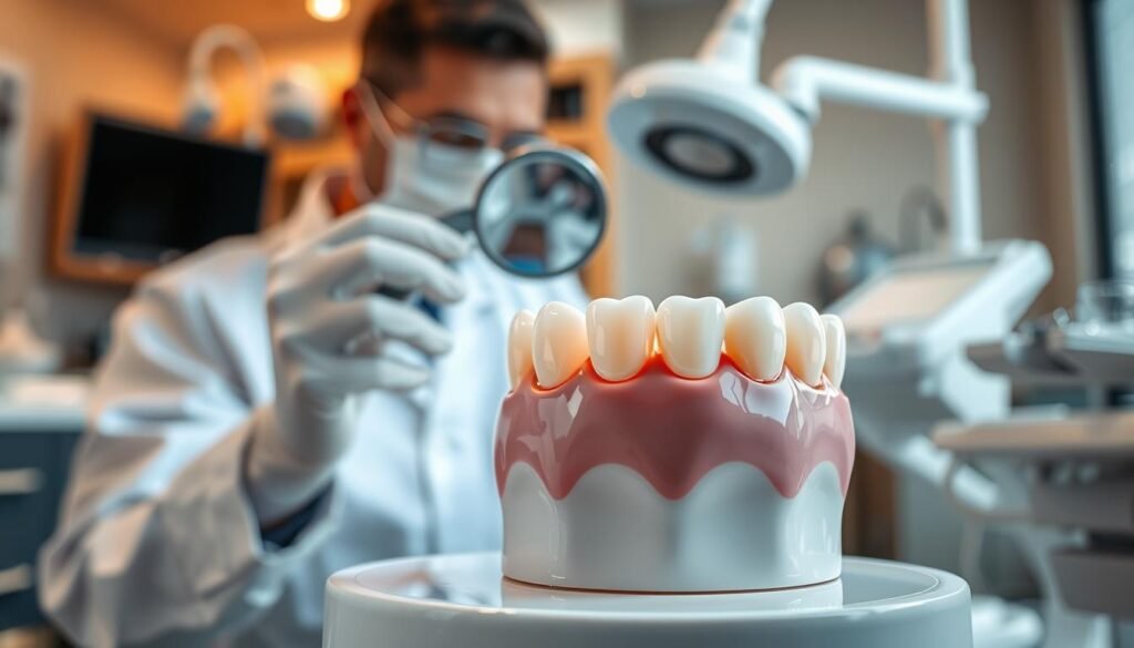 A close-up image of a dental scene showcasing a high-quality all-ceramic crown on a model tooth. In the foreground, highlight the glossy finish and realistic texture of the crown, emphasizing its aesthetic appeal. The middle layer features a dental professional, dressed in a white coat and gloves, carefully examining the crown with a dental mirror, conveying an atmosphere of expertise and precision. The background should include dental equipment and a well-organized dental office, illuminated with soft, natural lighting to create a welcoming and clinical environment. The overall mood is professional and informative, showcasing the advantages of all-ceramic crowns over other restoration options.