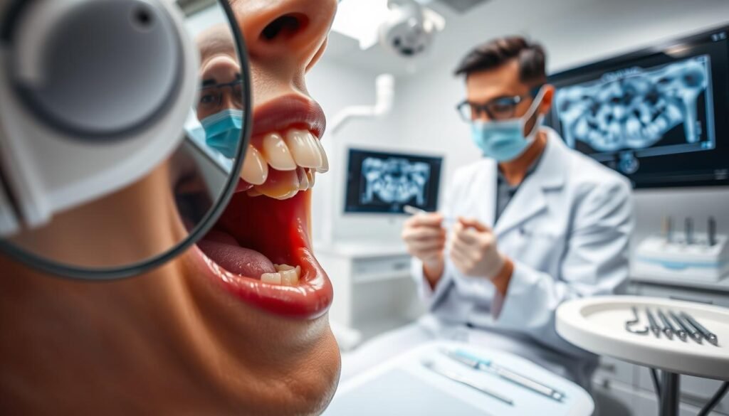 A close-up view of a dental examination in a bright, modern clinic. In the foreground, a patient's mouth is slightly open, showcasing partially erupted wisdom teeth, with a dental mirror reflecting the teeth's condition. The middle layer features a thoughtful dentist wearing a white coat and safety glasses, examining the patient's oral health while holding a dental instrument. The background includes dental tools neatly arranged on a tray and a large dental monitor displaying X-rays of the teeth, emphasizing the importance of detecting hidden wisdom teeth. The lighting is bright and clinical, creating a clean atmosphere, with a focus on the seriousness of dental health and the potential complications of wisdom teeth.
