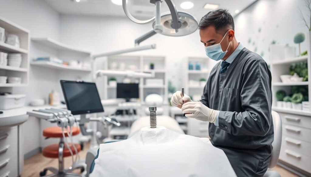 A close-up view of a dental implant procedure in a modern dental clinic. In the foreground, a skilled dentist in professional attire, carefully performing the procedure with precision instruments, focused on the dental implant placement in a patient's mouth. The middle ground features a dental chair with advanced equipment, surrounded by tools and materials related to dental implants. A bright, sterile atmosphere enhanced by soft, diffused lighting illuminates the scene, highlighting the blend of technology and care. In the background, shelves are stocked with dental supplies, and a calming nature-themed mural adds a touch of serenity to the environment. The overall mood conveys professionalism, trust, and advanced dental care.