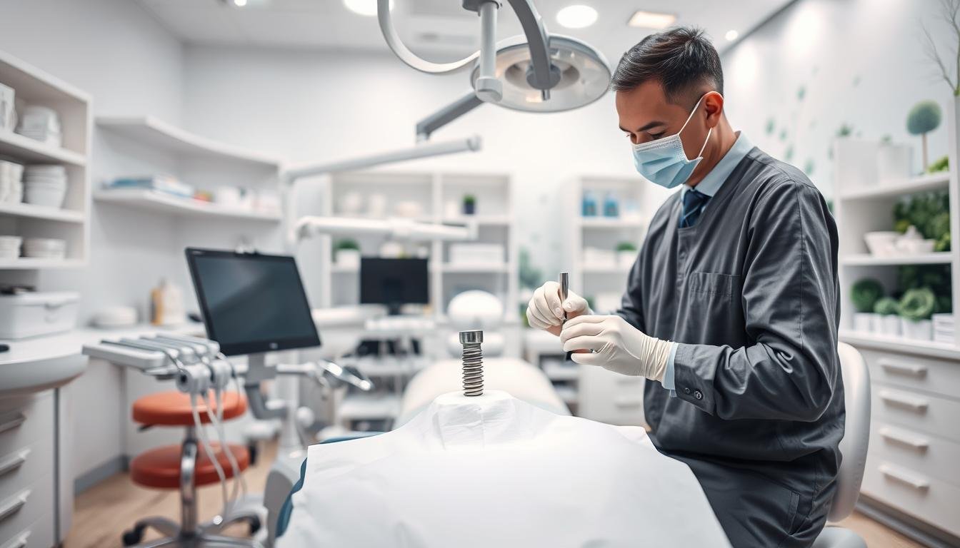 A close-up view of a dental implant procedure in a modern dental clinic. In the foreground, a skilled dentist in professional attire, carefully performing the procedure with precision instruments, focused on the dental implant placement in a patient's mouth. The middle ground features a dental chair with advanced equipment, surrounded by tools and materials related to dental implants. A bright, sterile atmosphere enhanced by soft, diffused lighting illuminates the scene, highlighting the blend of technology and care. In the background, shelves are stocked with dental supplies, and a calming nature-themed mural adds a touch of serenity to the environment. The overall mood conveys professionalism, trust, and advanced dental care.