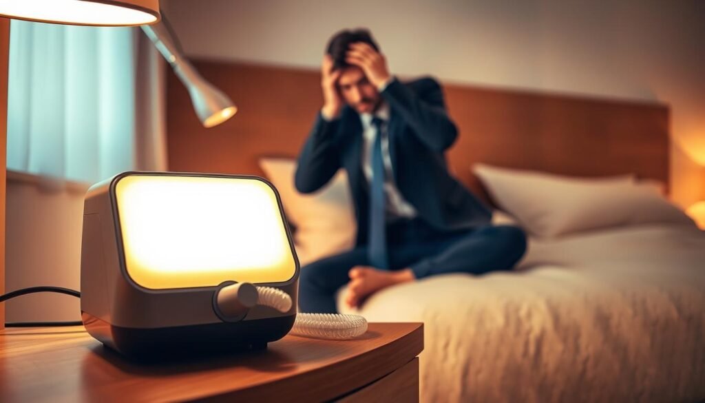 A visually compelling image depicting the relationship between a CPAP machine and sleep-related headaches. In the foreground, showcase a bedside table with a modern CPAP machine, its soft glow illuminating the surroundings. In the middle, present a person in professional business attire, sitting on the edge of a bed, gently resting their hands on their head, illustrating discomfort from a headache. In the background, softly blurred, depict a peaceful bedroom environment with soft lighting, promoting a sense of calmness. Use warm tones for a soothing atmosphere, while ensuring the focus remains on the connection between the CPAP machine and the individual’s struggle with headache relief. The angle should be slightly above eye level, capturing both the machine and the person in a relatable context.