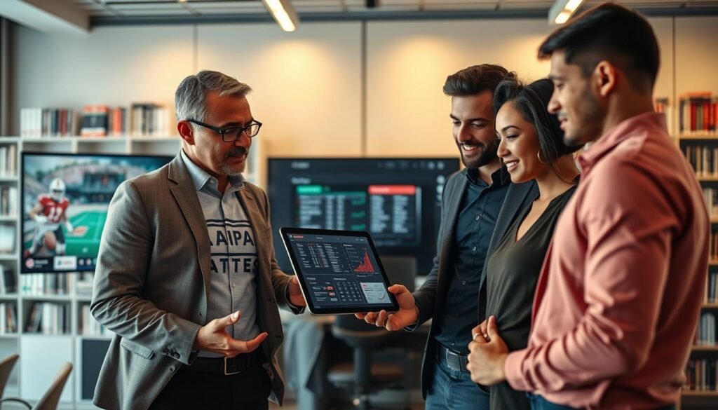 A visually engaging scene depicting an educational resource for sports betting on the 3A platform. In the foreground, a diverse group of three individuals—two men and one woman—in smart casual attire, attentively discussing a digital tablet displaying detailed graphs and statistics related to sports betting. In the middle ground, a sleek office environment with a large screen showcasing various betting odds, rules, and strategies. In the background, shelves filled with books on sports and finance, enhancing the educational atmosphere. Soft, warm lighting illuminates the scene, creating a welcoming and professional mood. A slight depth of field effect adds focus on the group while blurring the background, emphasizing their engaged expressions.