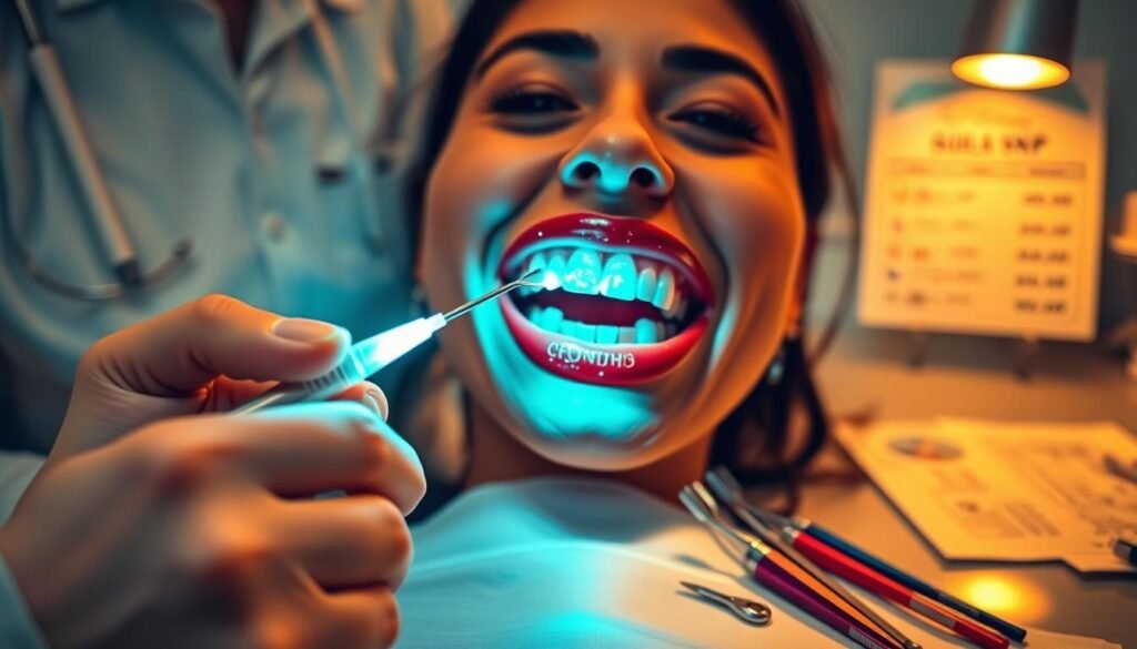 A visually striking dental office scene focused on the correlation between teeth polishing procedures and the pricing of dental cleanings. In the foreground, a dental hygienist in professional attire is preparing polishing tools, showcasing bright, glimmering equipment. The middle ground includes a patient’s mouth, partially open to reveal sparkling teeth, reflecting the light. Surrounding them are dental charts and tools that symbolize the importance of polishing in enhancing stain resistance, hinting at the financial aspect through a transparent display of pricing. The background is softly blurred with warm lighting that creates a welcoming atmosphere, evoking a sense of professional care and expertise in dental hygiene. The image is crisp and well-composed, captured from a slightly elevated angle for depth.