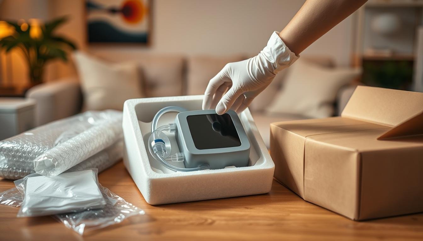 A detailed and organized packaging guide for a sleep apnea machine, featuring a close-up view of the device placed inside a protective foam casing on a wooden table. The background shows a softly lit, modern living room with warm hues, creating a comforting atmosphere. There are neatly arranged packaging materials like bubble wrap, protective bags, and a sturdy box, symbolizing safety during transportation. A hand wearing a professional glove is gently holding the device, emphasizing careful handling. Soft, diffused lighting highlights the textures of the packaging materials, while a shallow depth of field ensures the focus is on the sleep apnea machine and its packaging. The overall mood is calm and reassuring, reflecting the importance of safely packing medical equipment.