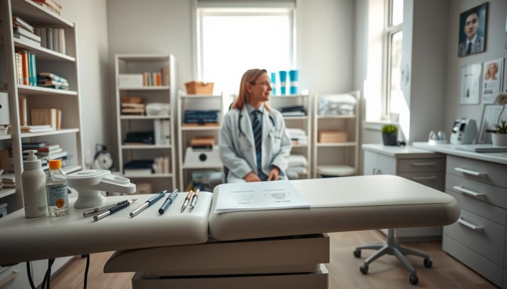 A professional dermatologist's office setting focused on various wart removal methods. In the foreground, a well-organized examination table is equipped with surgical tools, lotions, and informative diagrams illustrating different techniques such as cryotherapy and laser removal. In the middle ground, a dermatologist in a white coat, wearing professional attire, is consulting with a patient, discussing procedures with a friendly demeanor. The background features shelves filled with medical books, tools, and a brightly lit environment that conveys a sense of cleanliness and professionalism. Soft, natural light filters through a nearby window, enhancing the calm and informative atmosphere, with a focus on trust and care in dermatological practices.