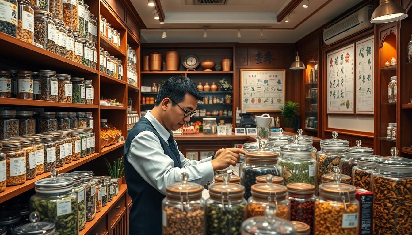 A serene and organized Hong Kong traditional Chinese medicine shop, showcasing various herbal ingredients elegantly displayed on wooden shelves. In the foreground, a practitioner in professional attire examines a selection of carefully labeled herbs, highlighting attention to quality and safety. In the middle ground, transparent jars filled with vibrant herbs create an atmosphere of authenticity and meticulous care. The background features an ornate wooden counter, traditional Chinese medicine charts on the walls, and soft, warm lighting to evoke a sense of trust and calm. The overall mood is professional and reassuring, emphasizing the commitment to quality assurance in herbal medicine.