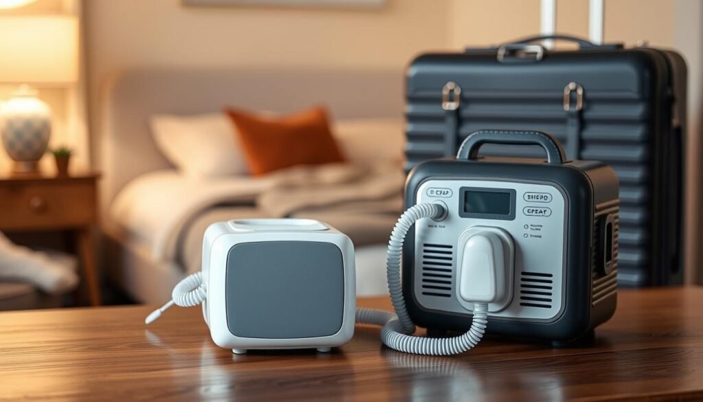 A comparison of a travel CPAP machine and a standard home CPAP machine set on a wooden table. In the foreground, the compact travel CPAP machine, slightly smaller, with sleek, modern design and visible features like buttons and tubes. Beside it, the bulkier home CPAP machine, showcasing its larger size and traditional look. The middle ground features a soft-focus view of a cozy bedroom with neutral wall colors, conveying a sense of comfort and tranquility. Soft, warm lighting highlights the machines, emphasizing their differences in size. The background is a blurred image of a travel suitcase, hinting at travel while keeping the focus on the CPAP devices. The mood is informative yet approachable, ensuring clarity in the visual comparison without any distractions like text or logos.