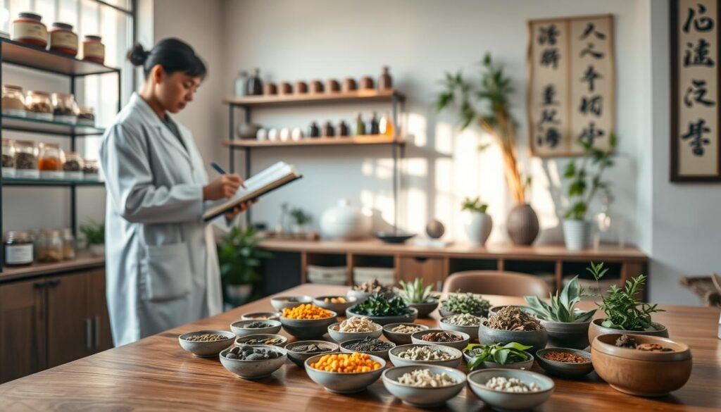 A serene traditional Chinese medicine clinic setting in Shatin. In the foreground, a wooden table laden with an array of herbs and herbal medicine ingredients, meticulously arranged in small ceramic bowls. A healthcare professional, dressed in a clean, white lab coat, examines a herbal recipe book. In the middle ground, shelves filled with jars of herbs and traditional Chinese medicine tools can be seen, while a window allows soft, warm sunlight to filter in, illuminating the scene. The background features elegant decorative elements like bamboo plants and Chinese calligraphy, establishing a calm and harmonious atmosphere. The overall mood is tranquil and holistic, emphasizing balance and wellness.
