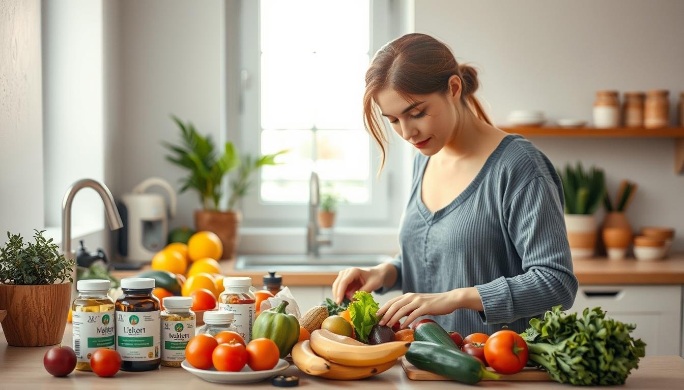A serene and inviting kitchen scene during the conception preparation phase. In the foreground, a woman in modest casual clothing is preparing a nutritious meal, surrounded by vibrant fruits and vegetables, symbolizing a healthy lifestyle. In the middle ground, there are wellness items such as vitamins and herbal teas on a countertop, reflecting a focus on well-being. The background should feature an airy window with soft natural light filtering in, indicating a peaceful home environment. The overall mood is calm and hopeful, capturing a sense of dedication to enhancing fertility through lifestyle adjustments. The scene should be well-composed with a warm color palette, evoking a nurturing atmosphere.