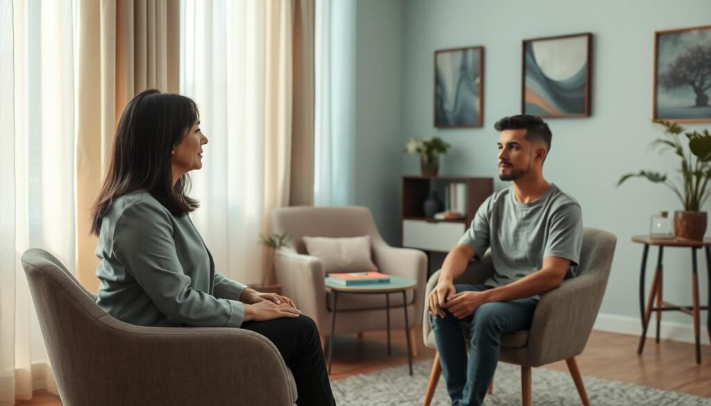 A serene therapy room with soft, natural lighting filtering through sheer curtains, creating a warm atmosphere. In the foreground, a therapist, a middle-aged Asian woman in professional attire, sits across from a client, a young man in modest casual clothing, both appearing engaged in a thoughtful conversation. The middle ground shows a comfortable armchair and a small table with calming décor, such as plants and books on mental health. The background features a gentle color palette with light blue walls and artwork that promotes relaxation. The scene conveys a sense of collaboration and support, embodying the synergistic effect of therapy and medication in treating anxiety. The mood is calm, focused, and hopeful.